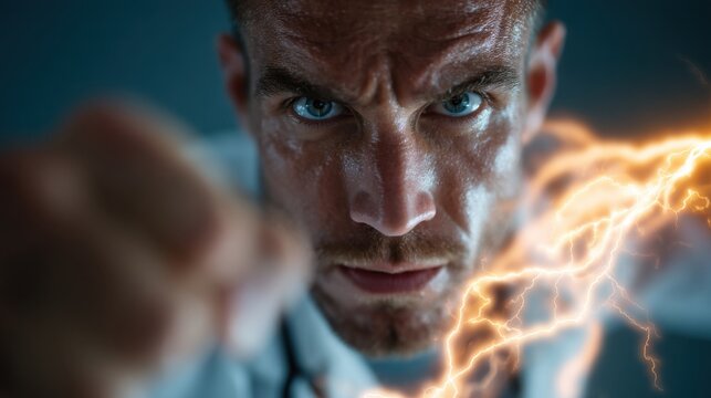 Extreme close-up of intense man’s face with clenched fist surrounded by electric energy and determination in his eyes perfect for strength concepts, motivational posters and action visuals
