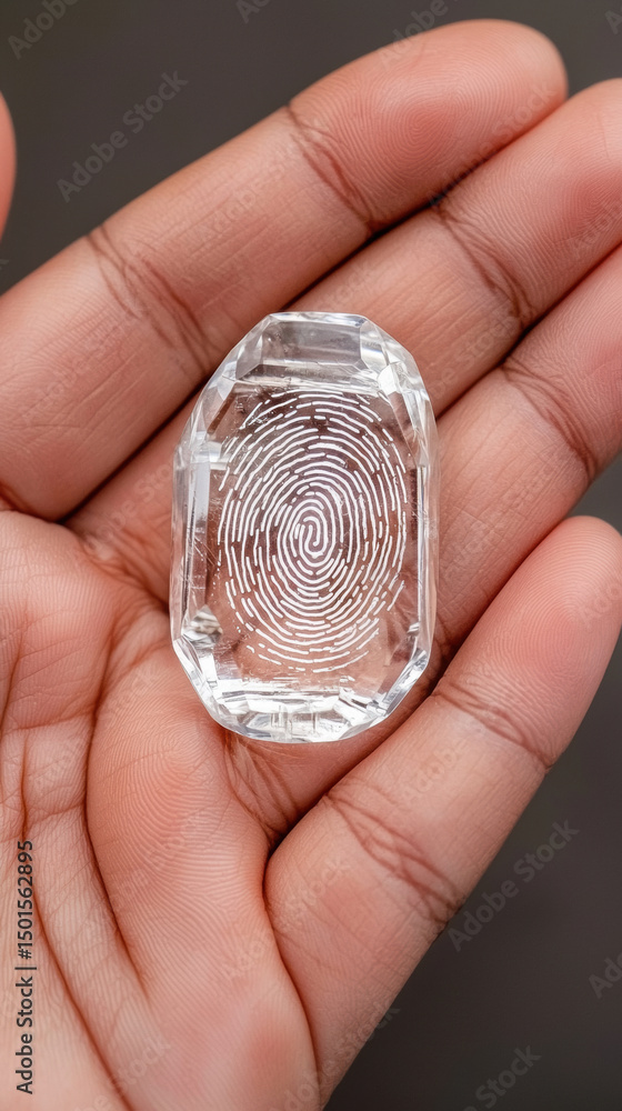 Poster crystal fingerprint art held in hand, closeup of transparent gem with unique pattern, modern identit