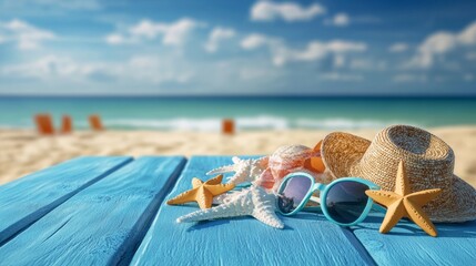 Colorful beach accessories including sunglasses and a straw hat are arranged on a blue wooden plank, capturing the essence of a summer holiday by the ocean with soft waves and sunny skies