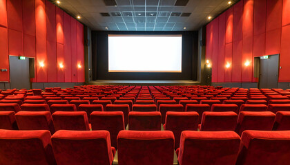 Immersive viewing experience awaiting in an empty cinema auditorium, vibrant reds
