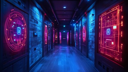 Neon-lit Cyberpunk Corridor: Futuristic Escape Room Design