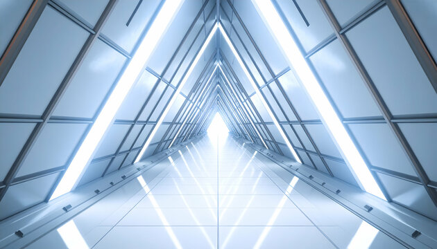 Futuristic triangular tunnel with radiant neon lights and glossy reflection