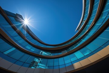 Modern curved building with blue-tinted glass facade and lens flare