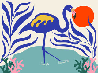 Abstract illustration of flowers and flamingos in the sea at sunset in Matisse style