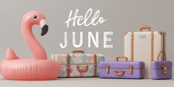 Bright summer travel elements come together with colorful luggage and a flamingo float announcing June. This playful arrangement inspires holiday adventures, evoking excitement for warm weather trips