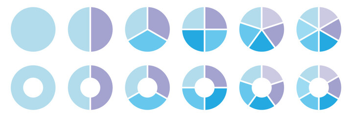 Pie chart set. Colorful diagram collection with 1,2,3,4,5,6 sections or steps. Circle icons for Infographic wheel segment and fraction. Circular chart. circular shape sectors.