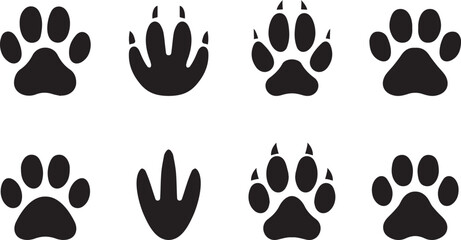 Animal paw print silhouette icon set – dog, cat, bird, and wild animal tracks