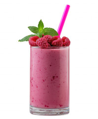 Vibrant raspberry smoothie in glass with mint and raspberries on transparent background