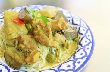 Delectable Khanom Jeen Gaeng Kiaw Wan kai, Rice Vermicelli with Green Chicken Curry Soup