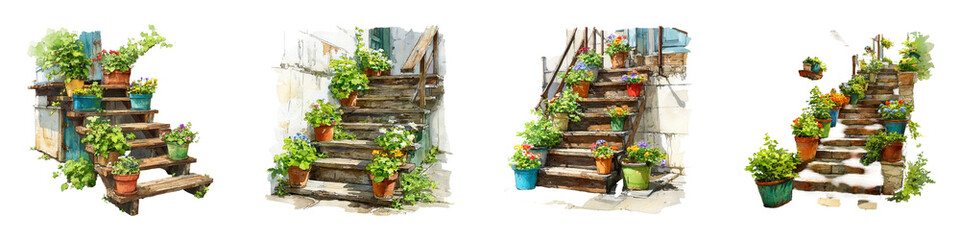 Charming Garden Steps with Vibrant Flower Pots and Greenery