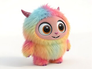 Fototapeta premium Cute colored furry monster 3D cartoon character with big eyes and goofy smile. Separate white background.