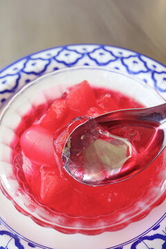 Closeup of Jelly Fig Fruit's Jelly, a Southern Thai Style Dessert Called O-aew with Fresh Fruits