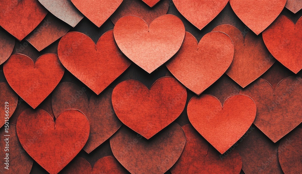 Poster a multitude of red hearts, layered and overlapping, creating a textured heart-shaped pattern