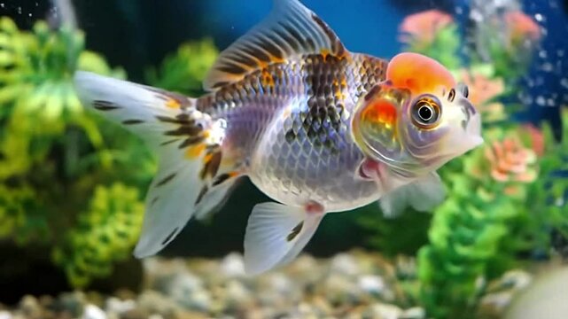 Vibrant Shubunkin Calico Goldfish Active Swim in Aquarium 4K