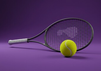 Tennis Racket and Ball Still Life on Purple Background