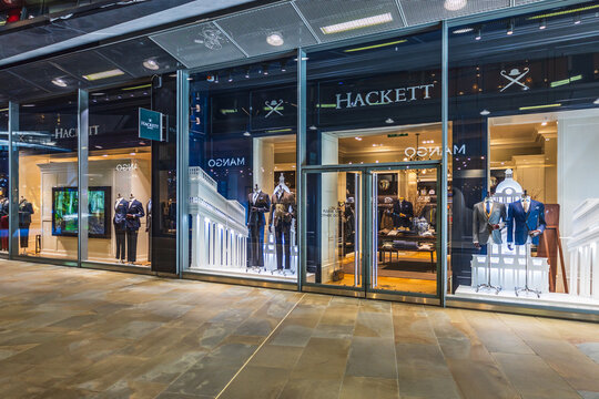 Elegant Hackett London Fashion Boutique Entrance. London, UK, 11 November 2023