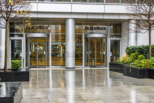 Blackrock Office Building Entrance. Modern Architecture, Glass Doors. London, UK, 10 December 2023