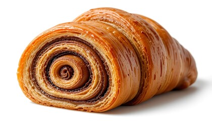 Fototapeta premium A close-up image of a golden brown pain au chocolat (chocolate croissant) seen from the side, showing the spiral layers of flaky puff pastry
