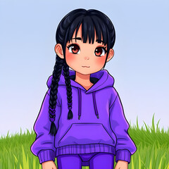 Cartoon characters childrens, Girl with Black Braids and a Purple Hoodie.