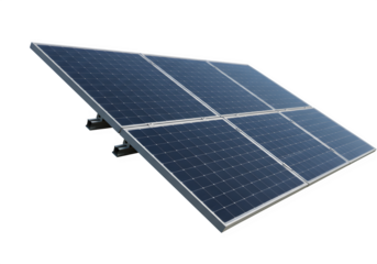Modern solar panels tilted at an angle, maximizing sunlight capture to convert energy into electricity, isolated on white or transparent background. PNG