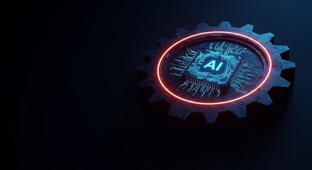 AI Gear: Glowing Neon Cogwheel in Dark Setting