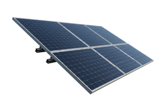 Modern solar panels tilted at an angle, maximizing sunlight capture to convert energy into electricity, isolated on white or transparent background. PNG