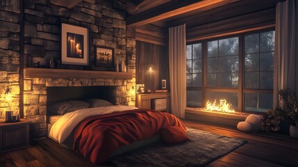 Cozy modern bedroom with fireplace and soft textiles
