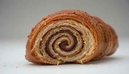 Fototapeta premium A close-up image of a golden brown pain au chocolat (chocolate croissant) seen from the side, showing the spiral layers of flaky puff pastry