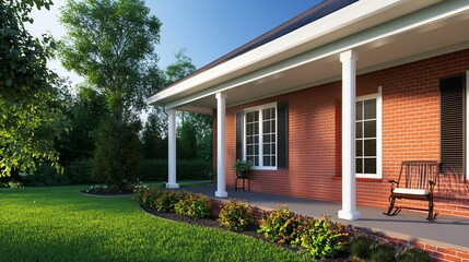 Serene Suburban Home Exterior: Brick House with Porch and Lush Landscaping