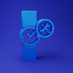 Blue Wrist watch with screwdriver and wrench icon isolated on blue background. Adjusting, service, setting, maintenance, repair, fixing. Minimalism concept. 3D render illustration