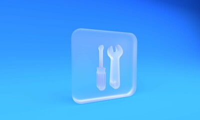 Frosted glass Screwdriver and wrench tools icon isolated on blue background. Service tool symbol. Square frosted glass button. 3D render illustration