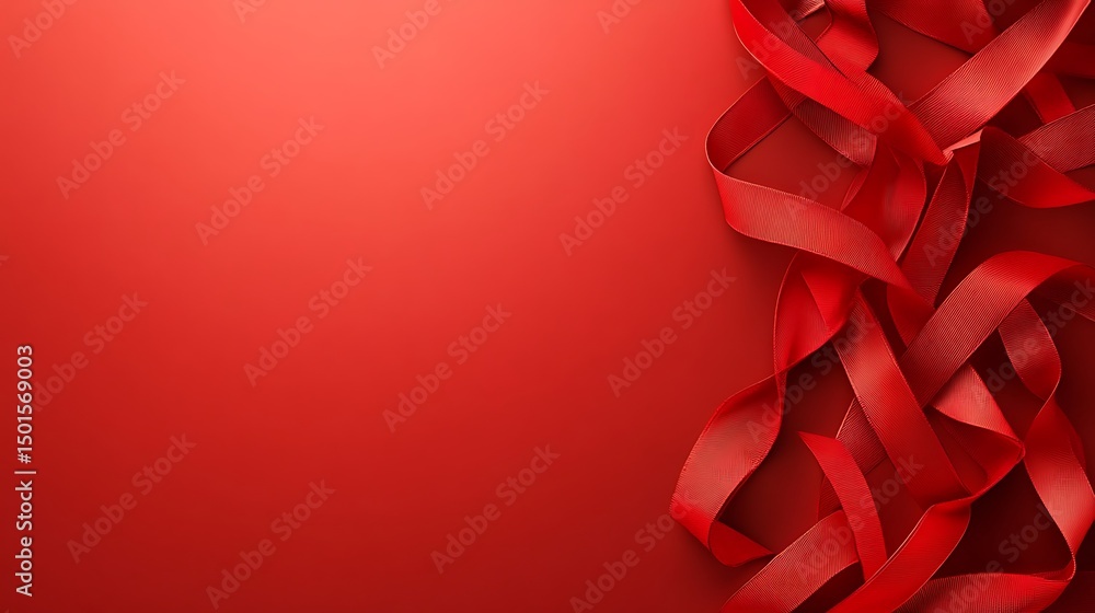Poster red ribbons arranged in a design on a solid red background.