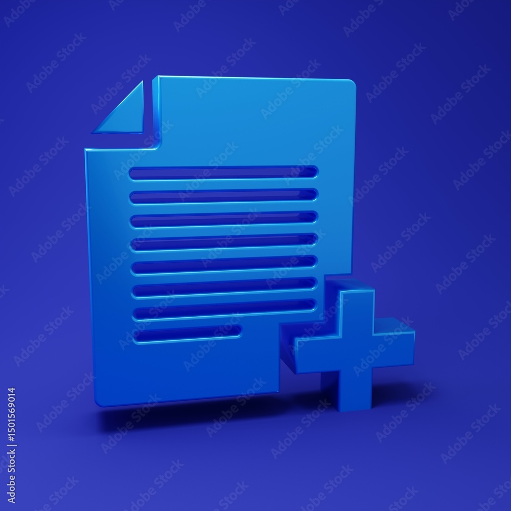 Poster blue add new file icon isolated on blue background. copy document icon. minimalism concept. 3d rende