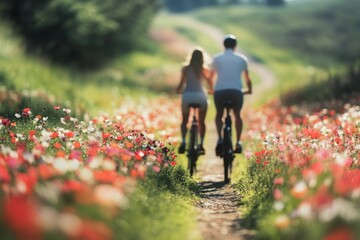 Fototapeta premium A couple rides bicycles along a vibrant flower-filled path in the countryside under a clear blue sky. The beauty of nature surrounds them as they share this joyful moment