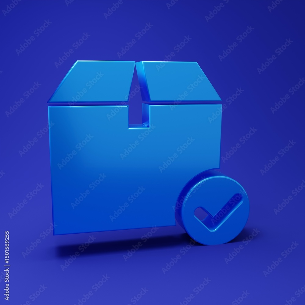 Poster blue package box with check mark icon isolated on blue background. parcel box with checkmark. approv
