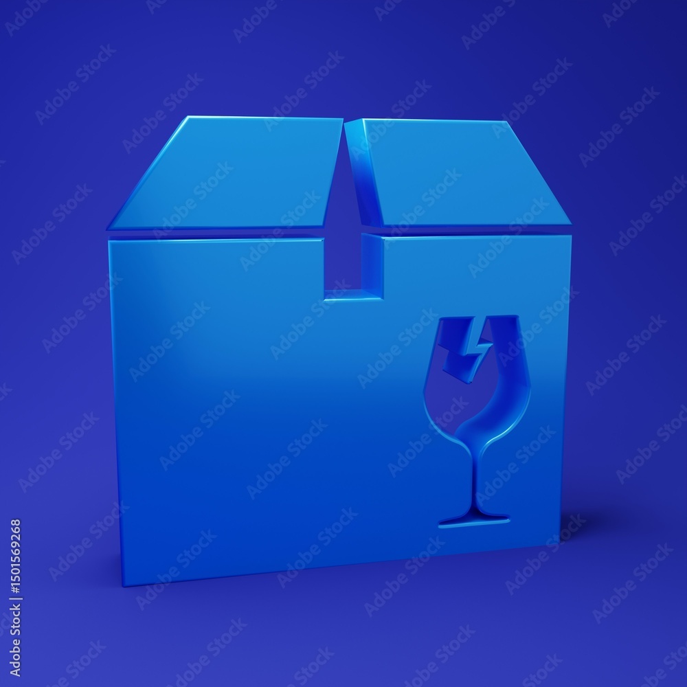 Poster blue delivery package box with fragile content symbol of broken glass icon isolated on blue backgrou