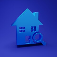Blue Search house icon isolated on blue background. Real estate symbol of a house under magnifying glass. Minimalism concept. 3D render illustration
