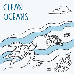 Two adorable sea turtles swimming in clean ocean waves