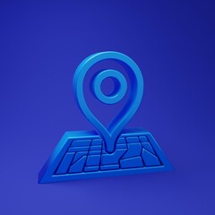 Blue Placeholder on map paper in perspective icon isolated on blue background. Minimalism concept. 3D render illustration