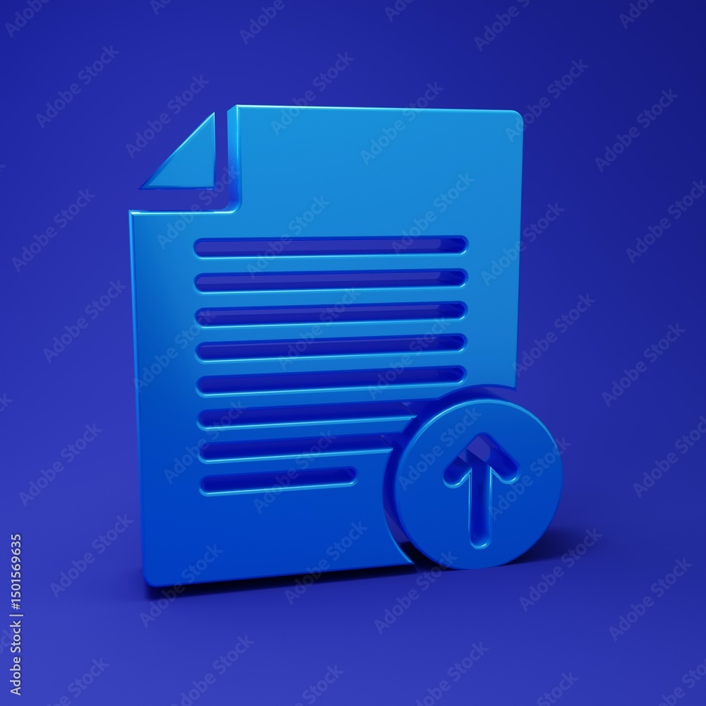 Poster blue upload file icon isolated on blue background. file document symbol. document arrow. minimalism 