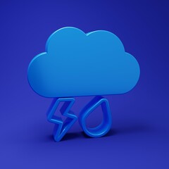 Blue Cloud with rain and lightning icon isolated on blue background. Rain cloud precipitation with rain drops.Weather icon of storm. Minimalism concept. 3D render illustration
