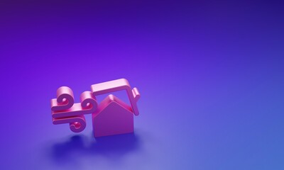 Pink Tornado swirl damages house roof icon isolated on purple-blue background. Cyclone, whirlwind,...