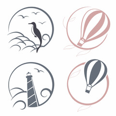 Elegant travel icons set, lighthouse, bird, hot air balloons, transparent background