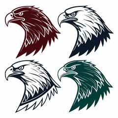 Four stylized eagle heads in different colors