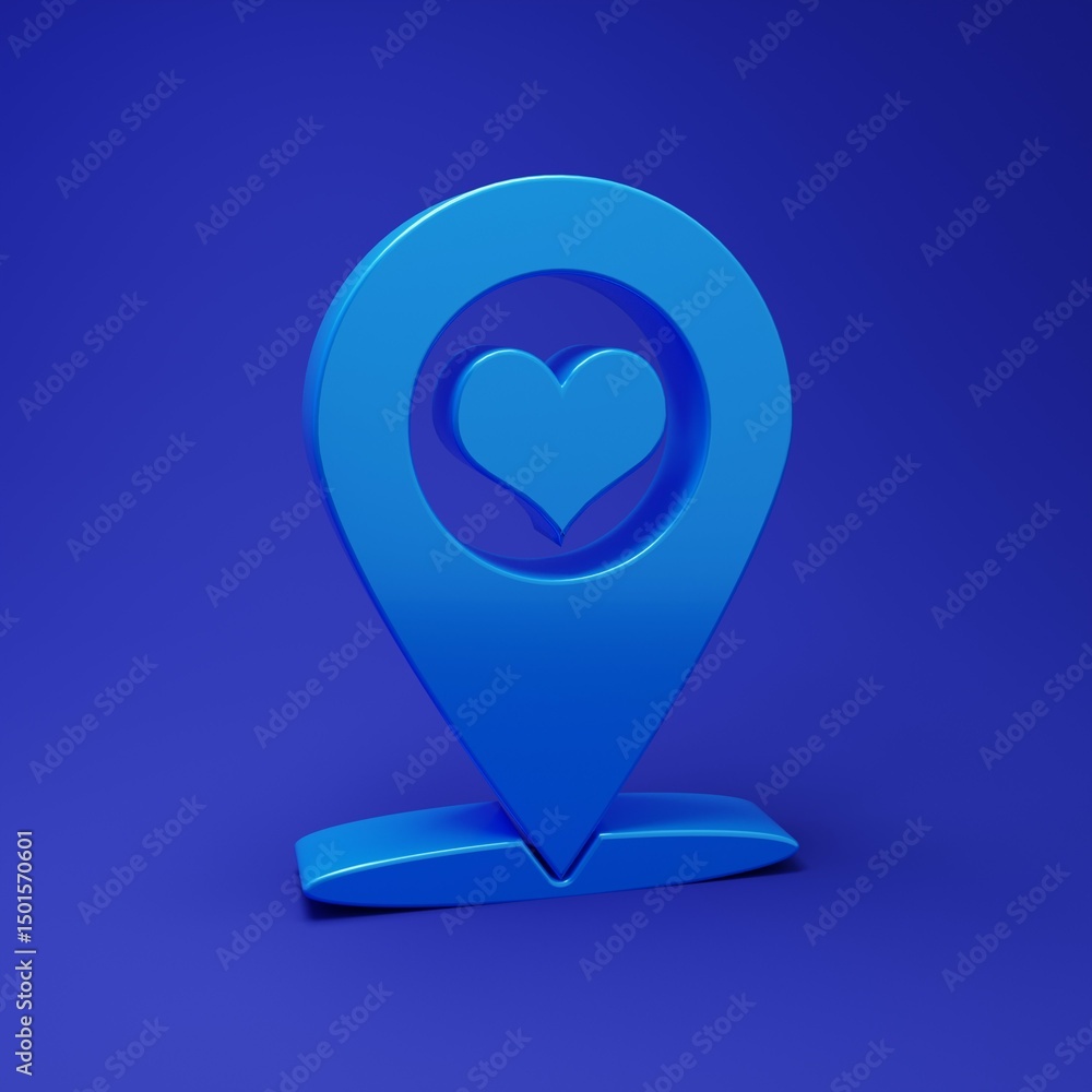 Poster blue map pointer with heart icon isolated on blue background. minimalism concept. 3d render illustra