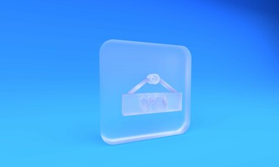 Frosted glass Hanging sign with text Open door icon isolated on blue background. Square frosted glass button. 3D render illustration