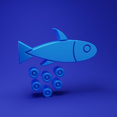 Blue Fish with caviar icon isolated on blue background. Minimalism concept. 3D render illustration