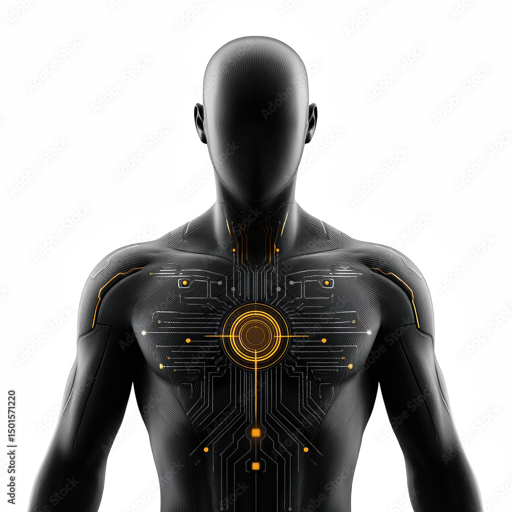 Poster futuristic humanoid figure with glowing circuitry and technological patterns on the chest.