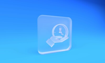 Frosted glass Clock icon isolated on blue background. Time symbol. Square frosted glass button. 3D render illustration