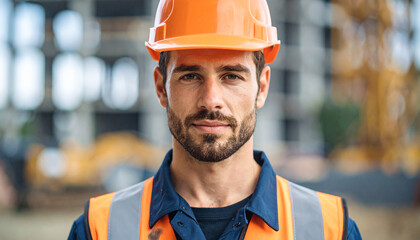 Portrait of guy in protective helmet, blurred construction site on backdrop. Young man, worker.